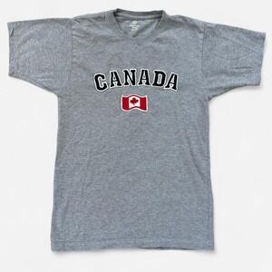 Grey t-shirt with embroidered "Canada" text and Canadian flag